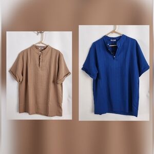 NWT (2) COOFANDY Men's Casual Shirts (1)Tan and (1)Blue Short Sleeve  Size L